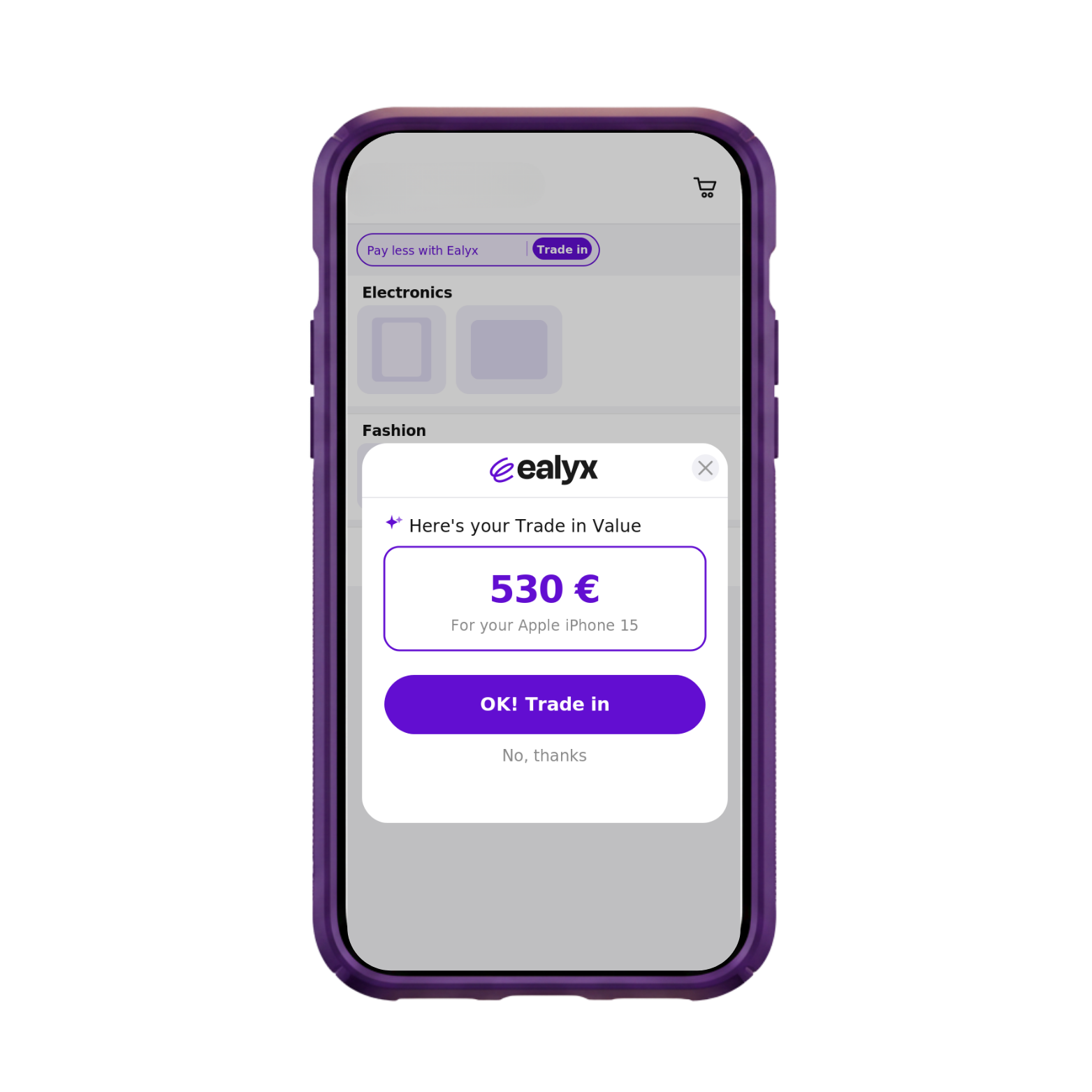 Basic Trade-In widget on phone showing 530€ valuation for Apple iPhone 15