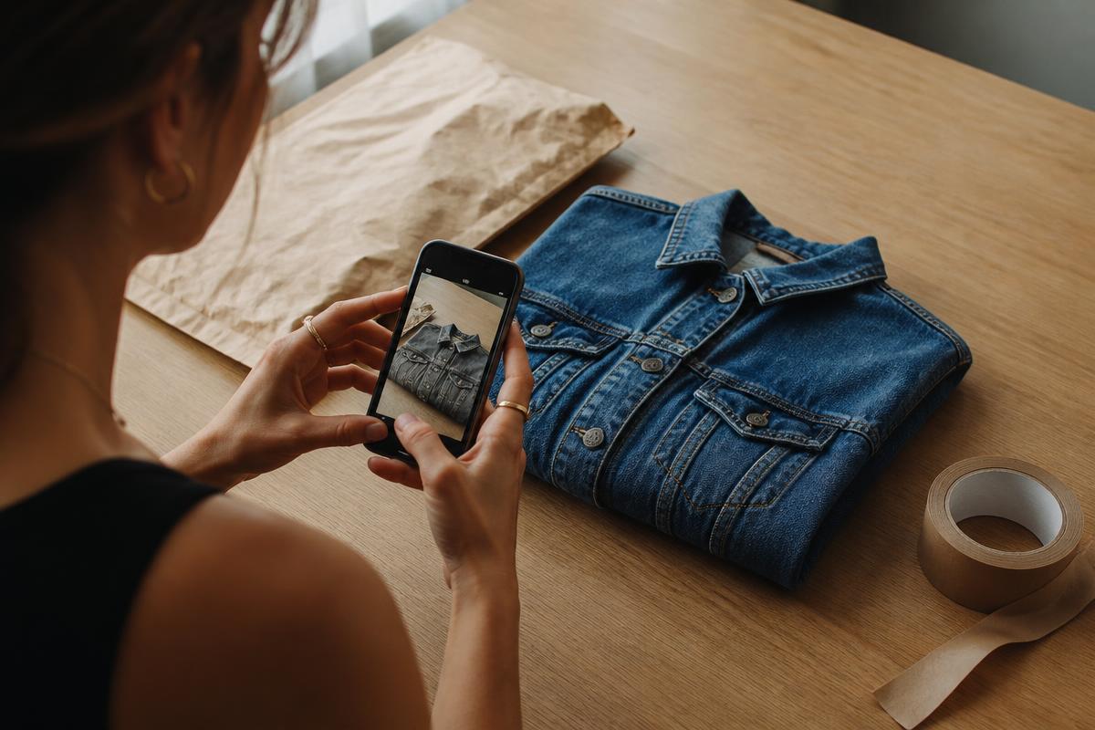 Mujer fotografiando con el móvil una chaqueta vaquera de segunda mano doblada, junto a un sobre de envío de papel kraft y cinta, lista para publicarla