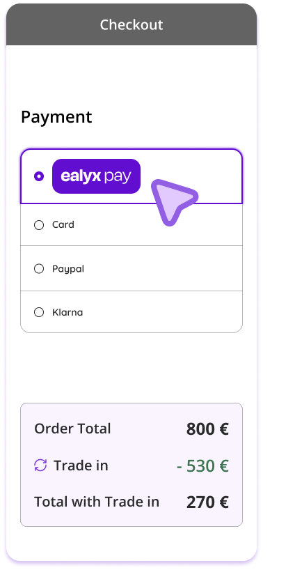 Checkout screen with Ealyx Pay and trade-in discount