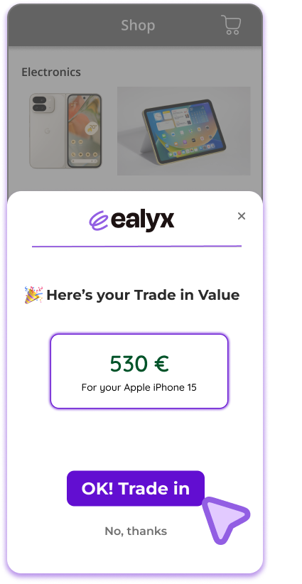 Trade in value screen showing 530€ for Apple iPhone 15